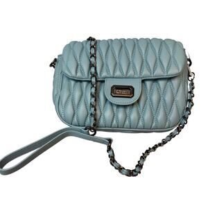 Badgley Mischka Denim Diamond Quilted Crossbody Bag Purse Blue Pearl Strap NWT